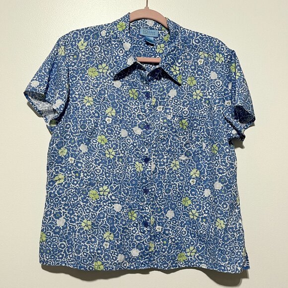 Sigrid Olsen Womens Linen Button Up Top Size L Blue Floral Summer Coastal Resort - Picture 1 of 6